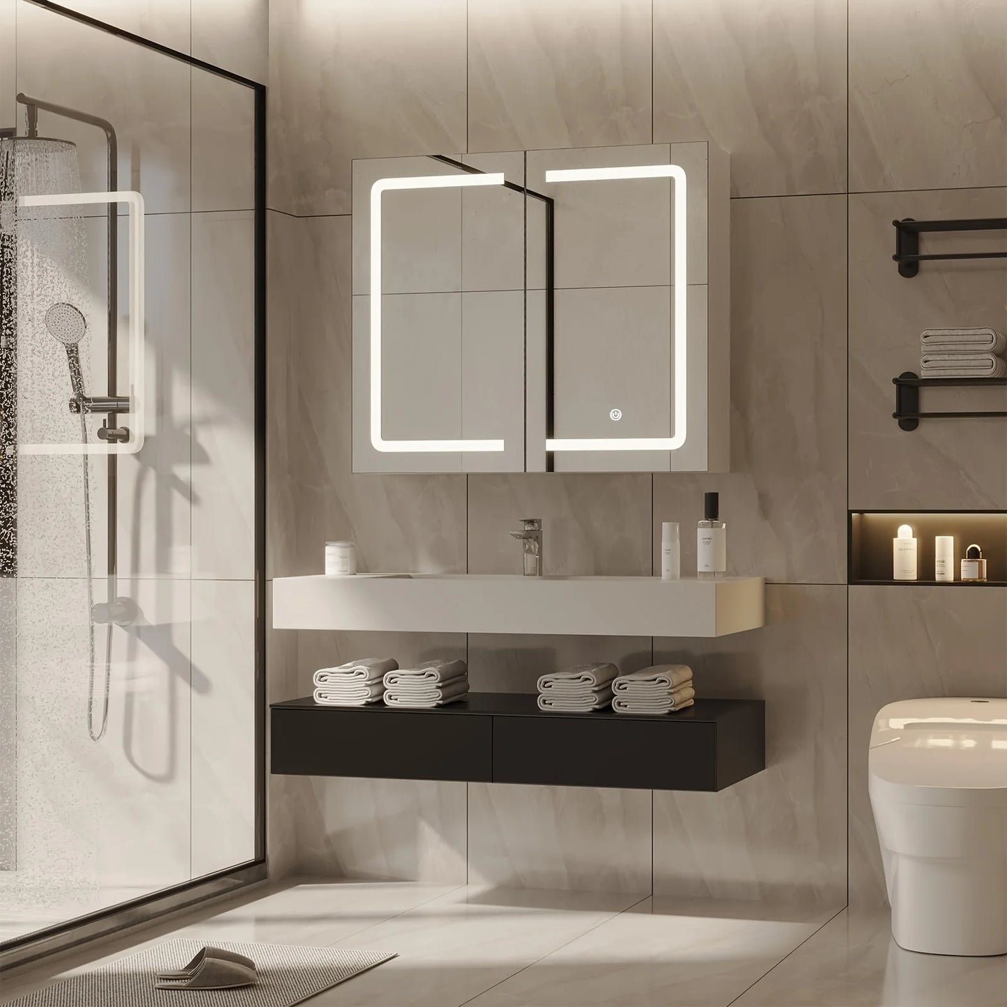 LED Mirror Cabinet With Built-In Storage For Wall Mount