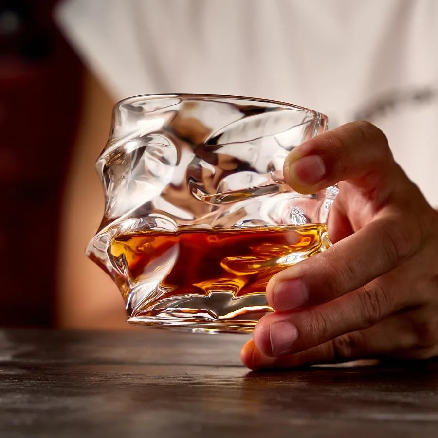12 oz Hand Blown Crystal Whiskey Glasses Set of 4 Unique Cognac Glass with Heavy Thick Bottom for Scotch Bourbon Rum Gin Water