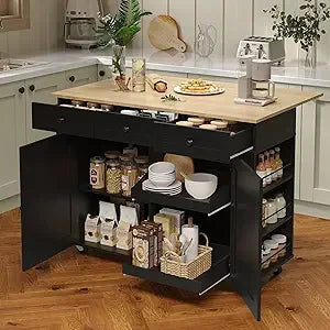Rolling Kitchen Island Cart with Power Outlet & Drop Leaf, Kitchen Storage Cabinet On Wheels with 3 Drawers, Spice Rack & Towel