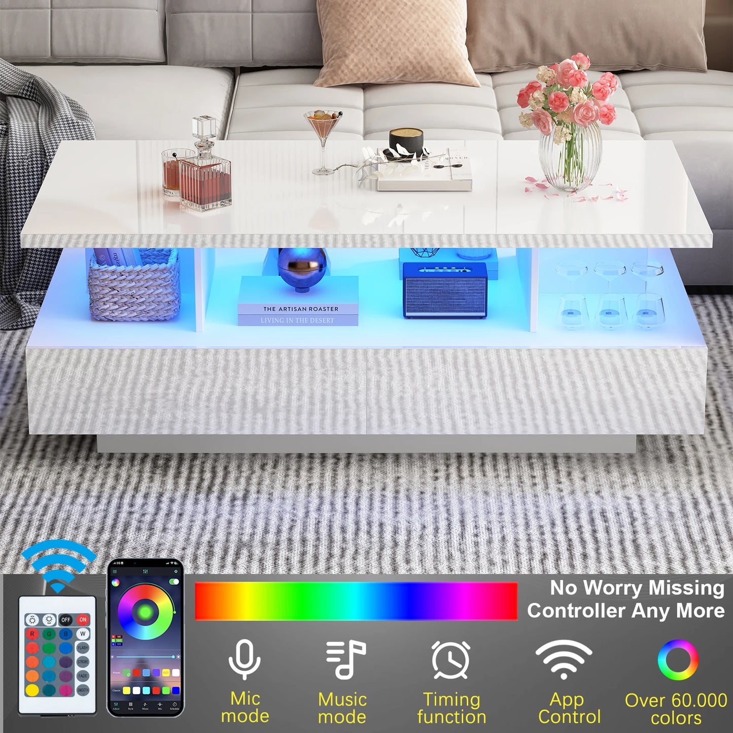 QiaoShiRen Modern LED Coffee Table With Two Storage Drawers