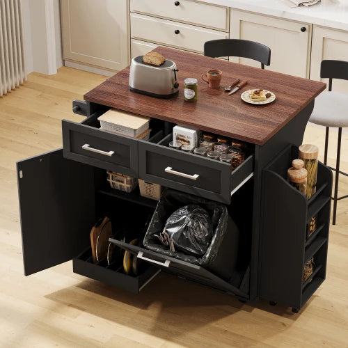 47.2 "Farmhouse Kitchen Island, Kitchen Storage Island with Removable Side Shelves, Two Drawers, Towel Rack, Black