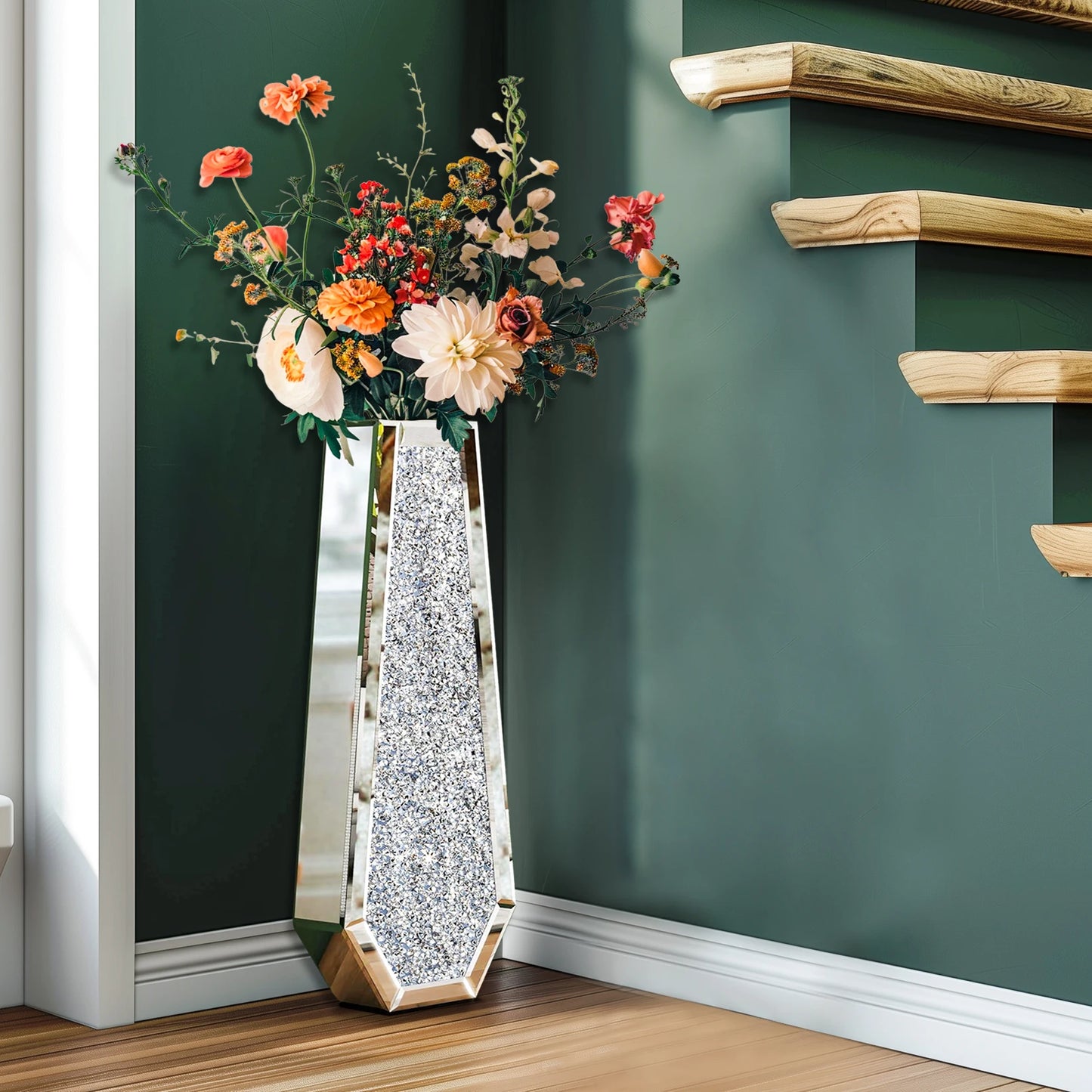 Crushed Diamond Mirrored Floor Vase Glass For Pampas Grass