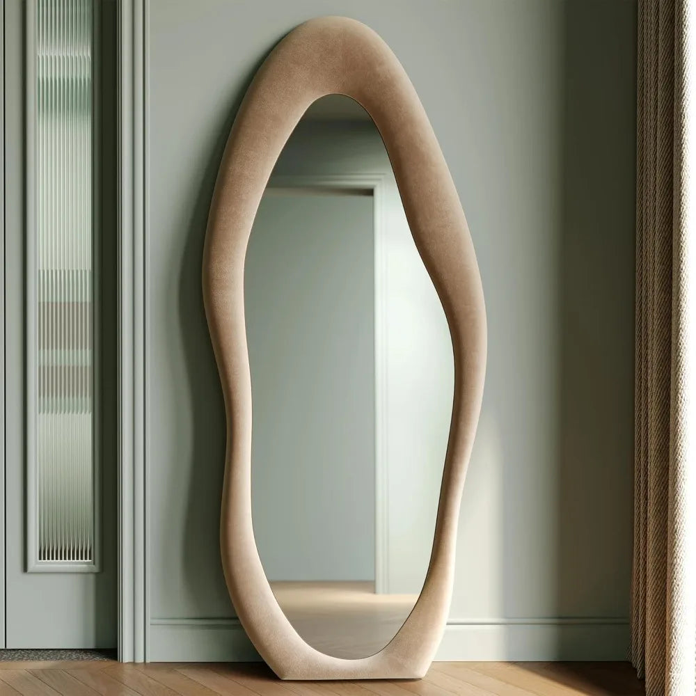 Wave Mirror With Wooden Flannel-Wrapped Frame For Bedroom Decor