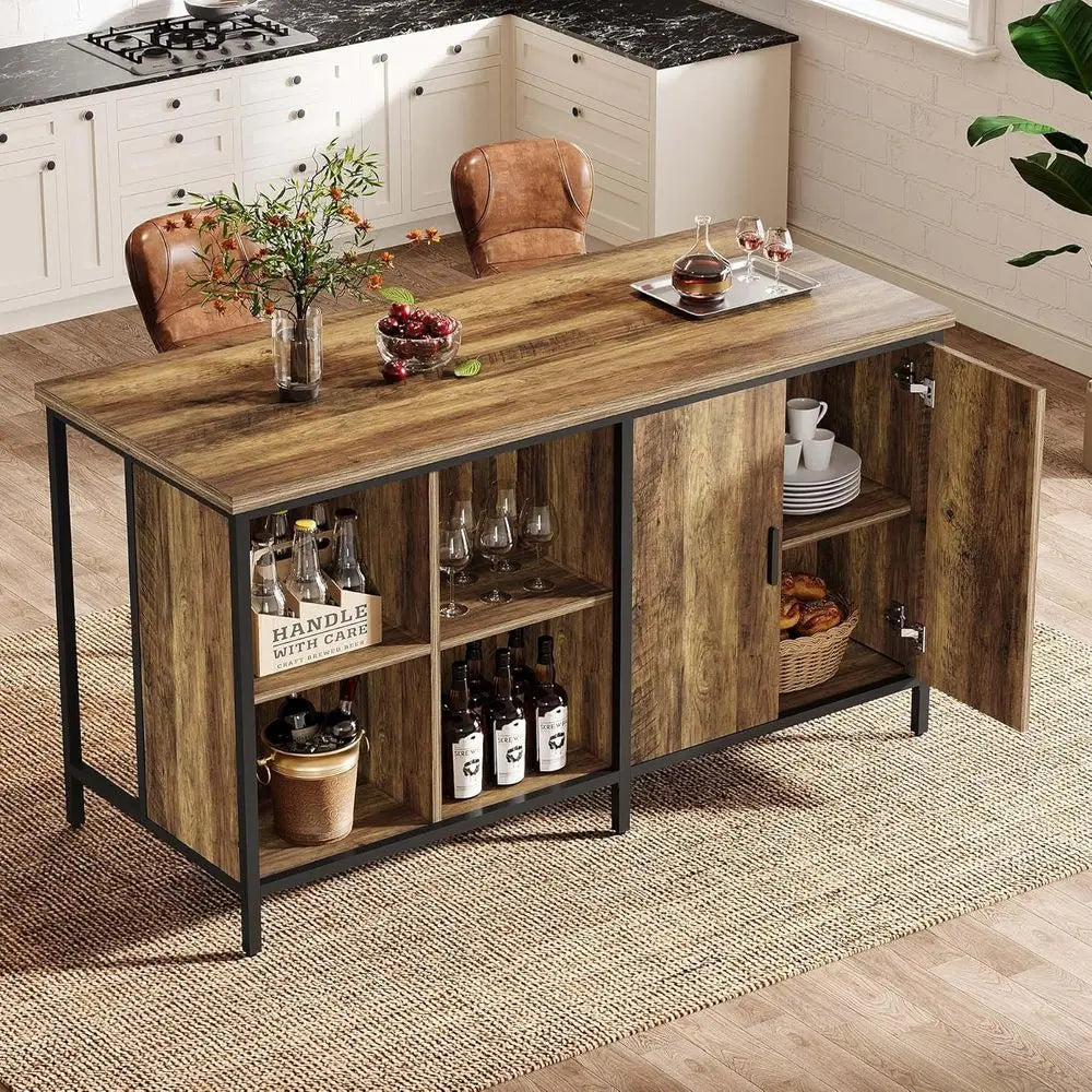 LZJV Industrial Rustic Wood Bar Table With Two Tier Shelves