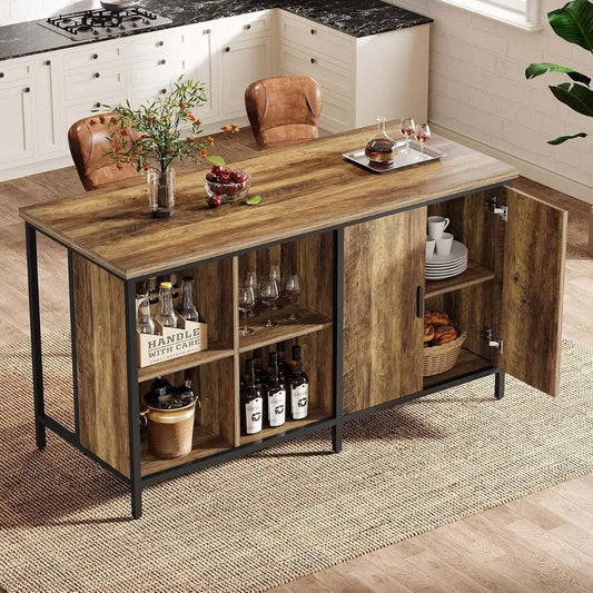 LZJV Industrial Rustic Wood Bar Table With Two Tier Shelves