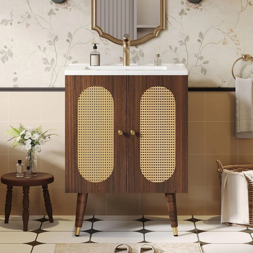 TIFICY Rattan Bathroom Vanity With Sink Freestanding Cabinet