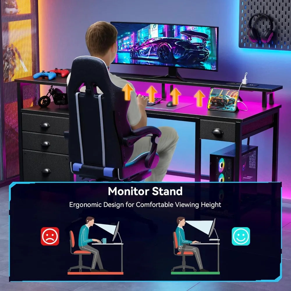 Computer Desk With 4 Drawers And Printer Space LED USB