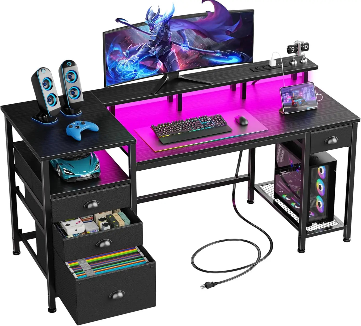 Computer Desk With 4 Drawers And Printer Space LED USB