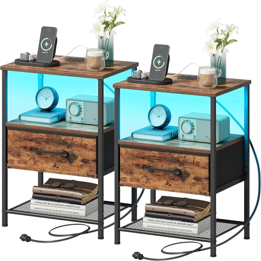 Night Stand Set Two End Tables With Charging Station