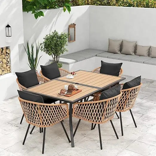 All-Weather Rattan Patio Dining Set With Wood Table And Removable Cushions