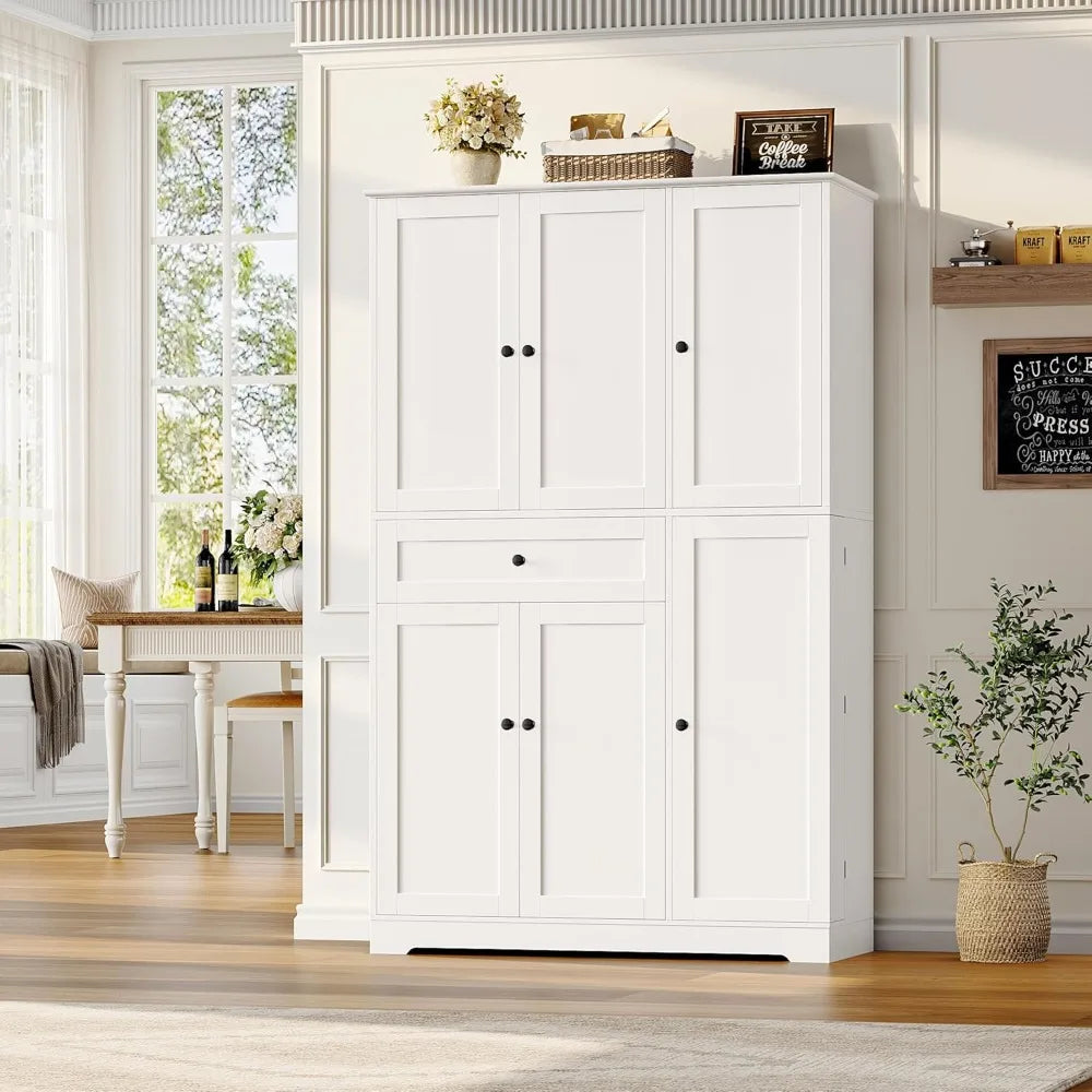 HOSTACK 68" Tall Kitchen Pantry Cabinet,Modern Hutch with Doors Shelves & Large Drawer,Food Storage for Dining Living Room,White