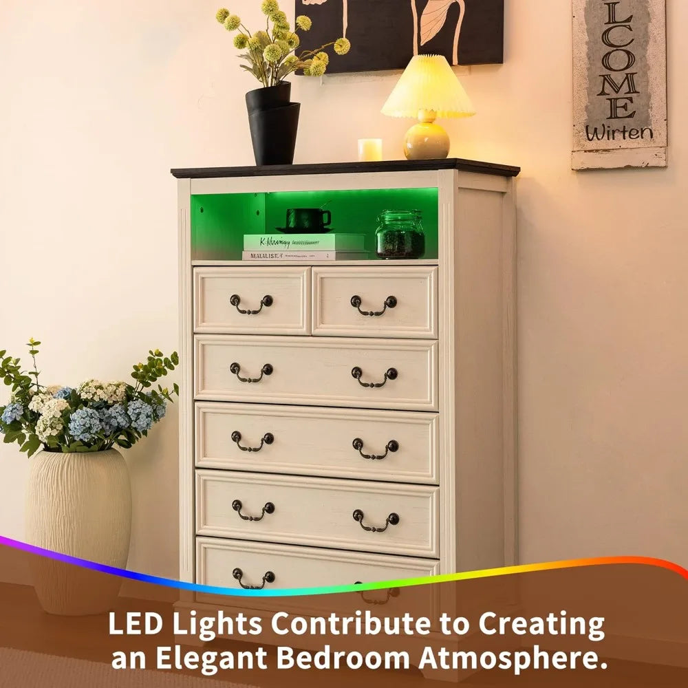 TIFICY Dresser With Charging Station And LED Light Six-Drawer