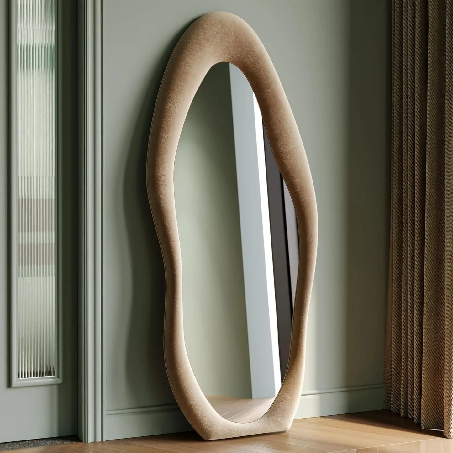 Wave Mirror With Wooden Flannel-Wrapped Frame For Bedroom Decor