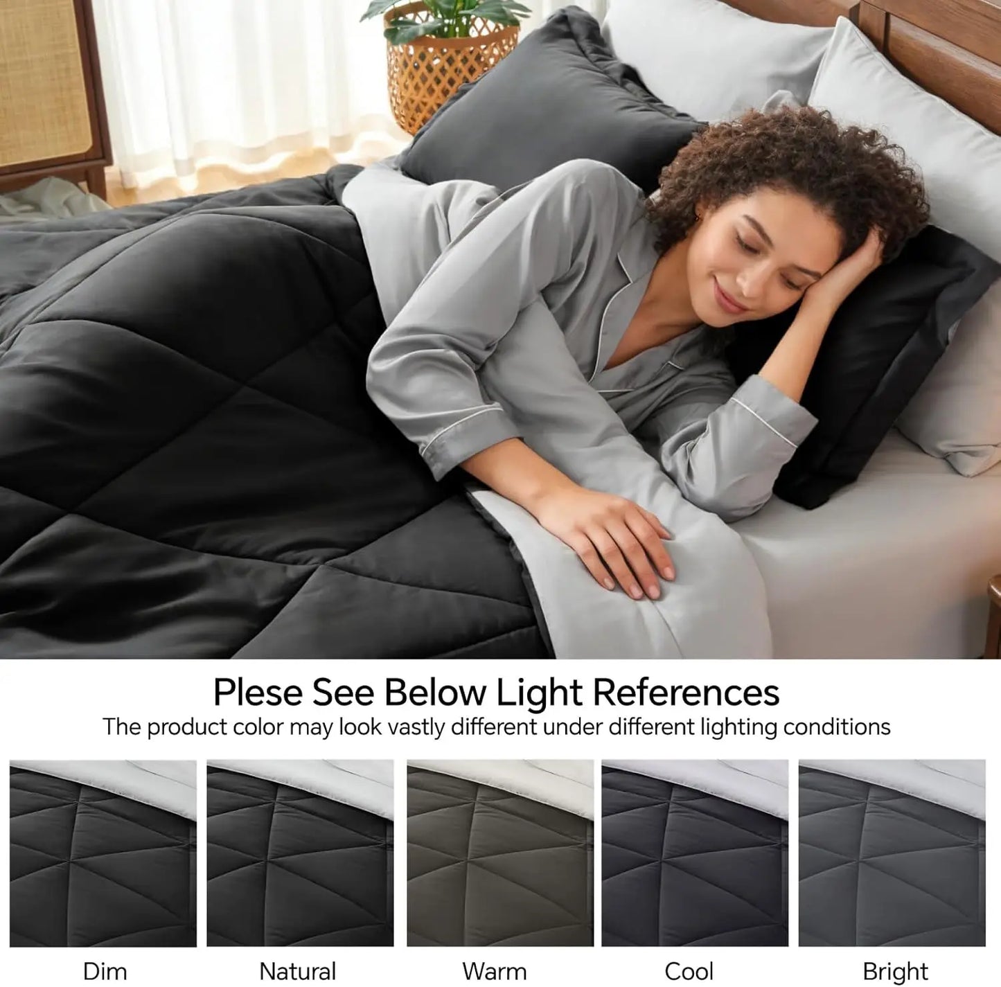 Queen Comforter Set 7 Pieces Bed in a Bag - Soft Microfiber Reversible Black Bedding for All Seasons