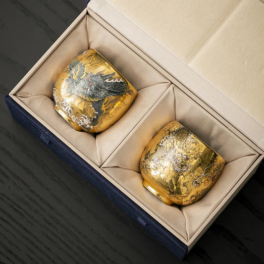 Pure gold teacup dragon and phoenix pair cup master cup personal special gilt kung fu tea set merchandise Guochao