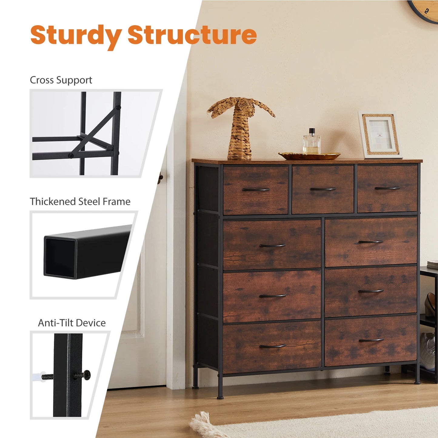 JHK Minimalist Dresser With 9 Fabric Storage Drawers