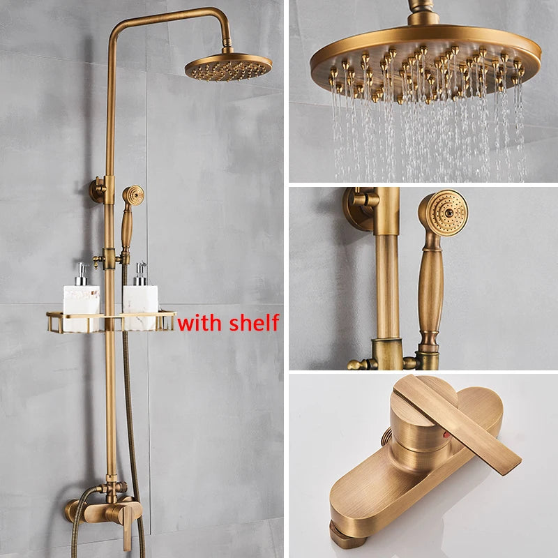 SAFLIHCAR Brass Antique Shower Faucet Set Wall Mount Dual Handshower