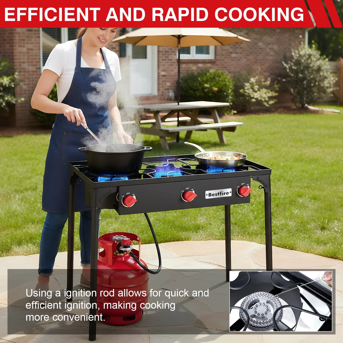 3 Burner Propane Camping Stove High Power Outdoor Gas Burner Cooker with Removable Legs Adjustable Regulator for BBQ Catering