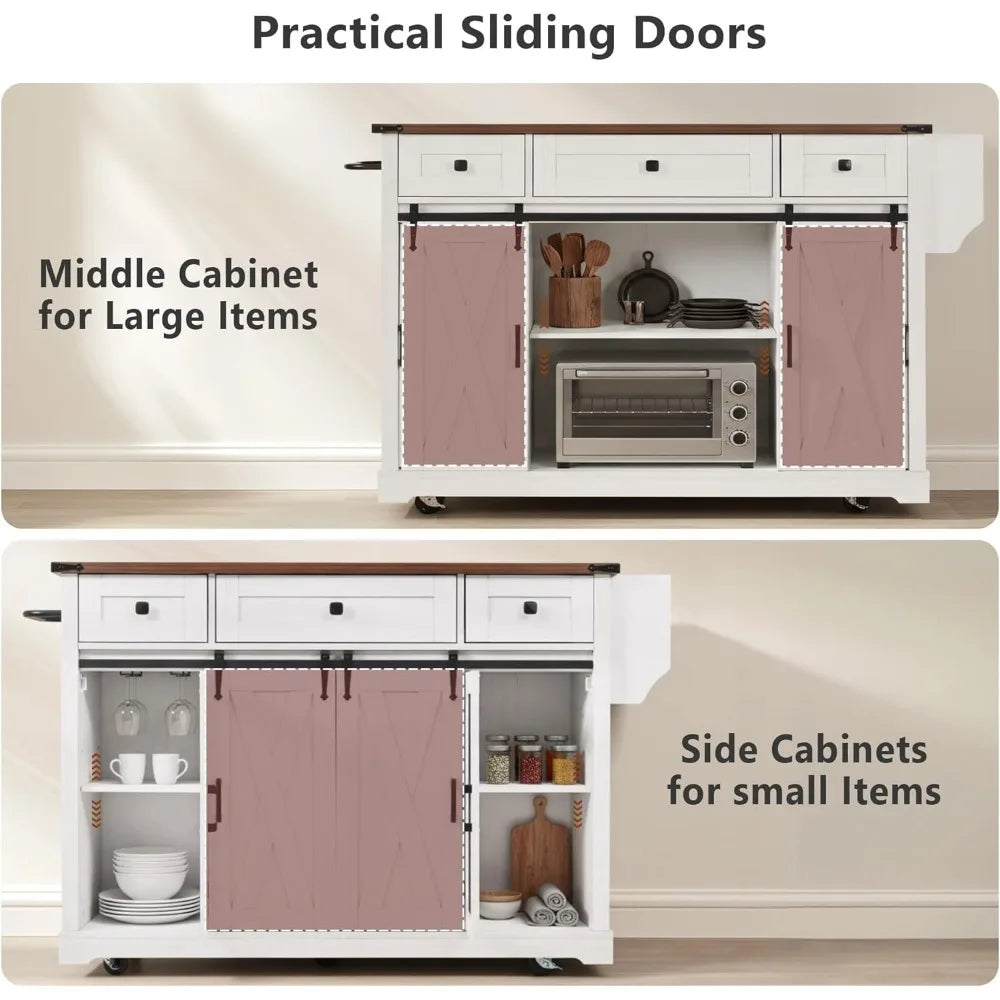 Farmhouse Kitchen Island Cart on Wheels with Drop Leaf & Power Outlet, Sliding Barn Door Storage Cabinet Breakfast Bar