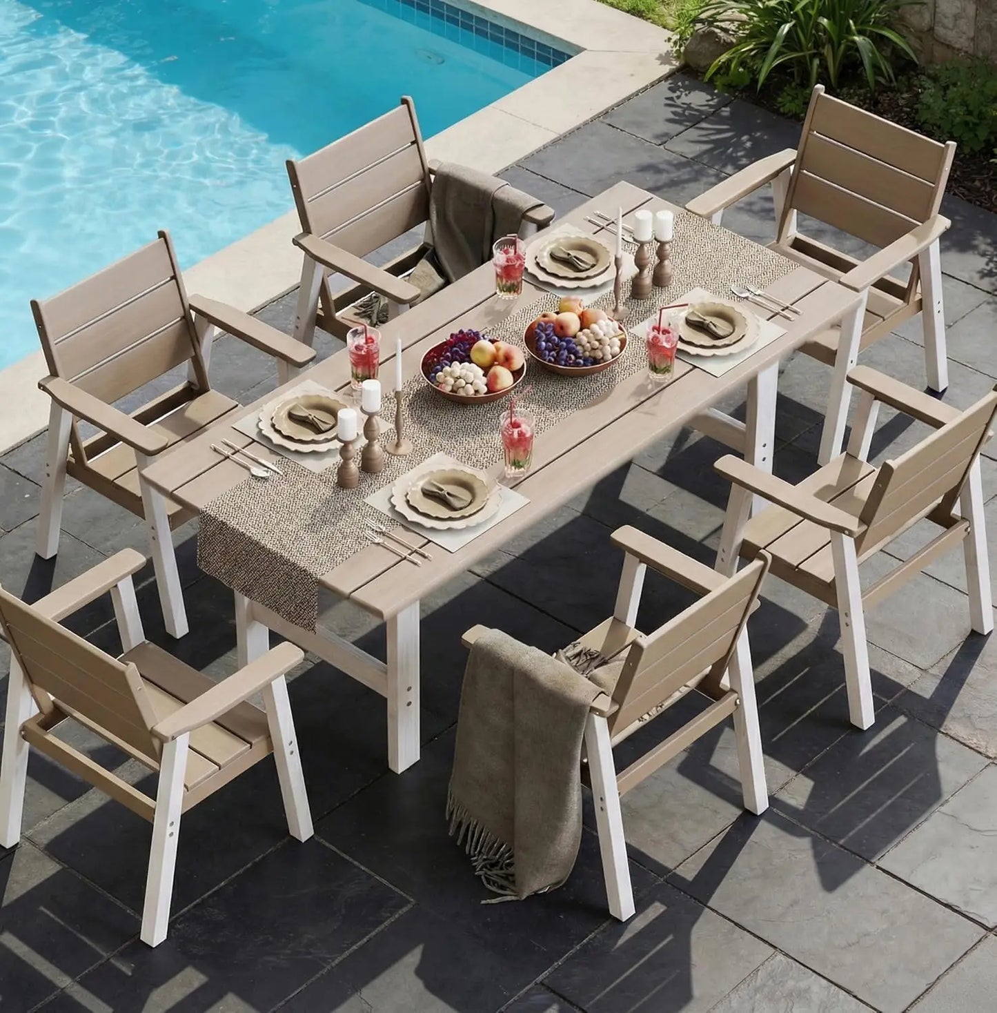 7-Piece Outdoor Dining Set with Umbrella HDPE Table and Chairs