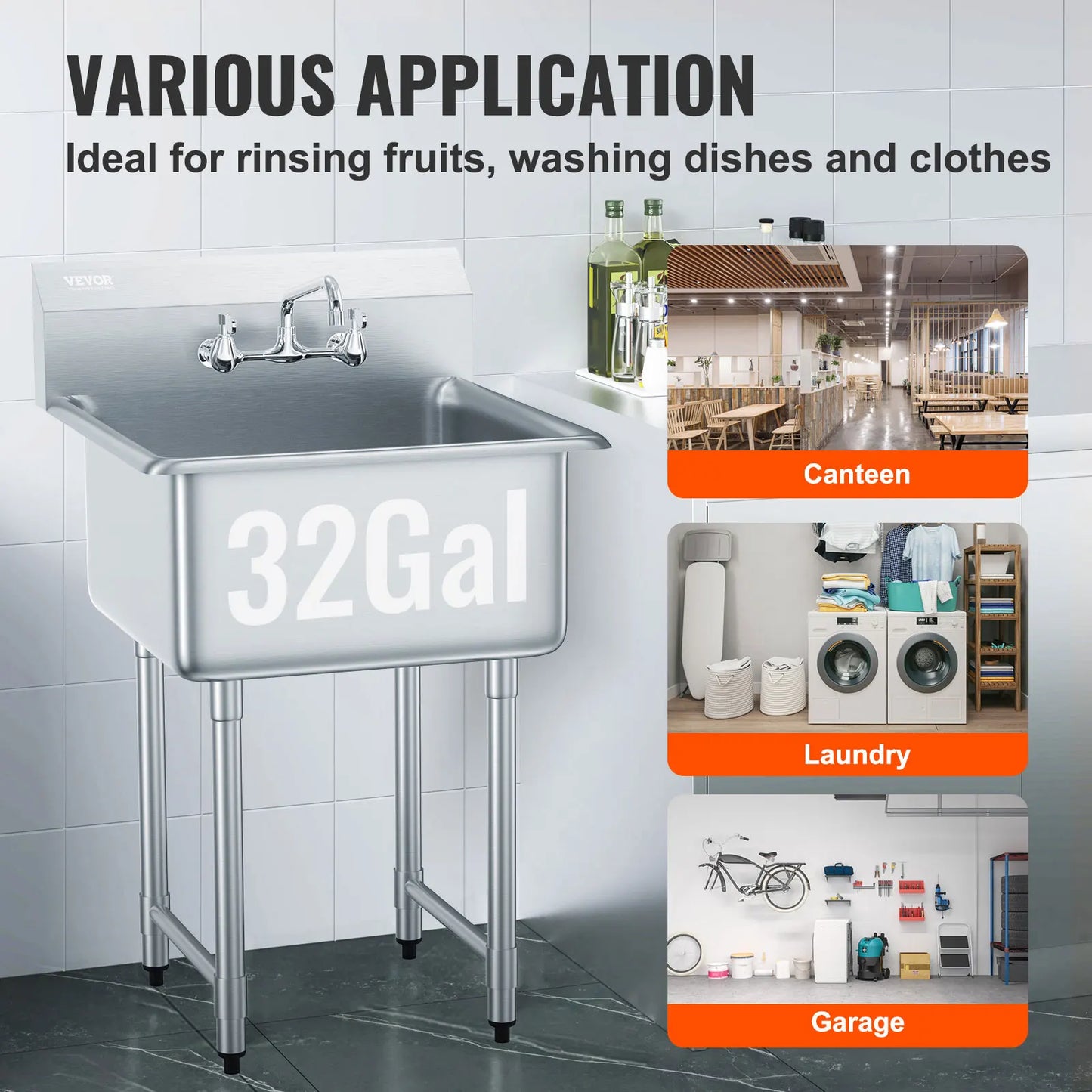 Stainless Steel Kitchen Prep And Utility Sink With Faucet Commercial