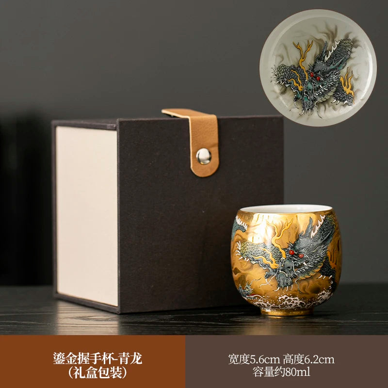 Pure gold teacup dragon and phoenix pair cup master cup personal special gilt kung fu tea set merchandise Guochao