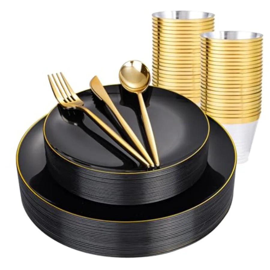 150PCS Black and Gold Plastic Plates - Black Gold Plastic Dinnerware Set Disposable - Include 25 Dinner/ 25 Dessert Plates, 25