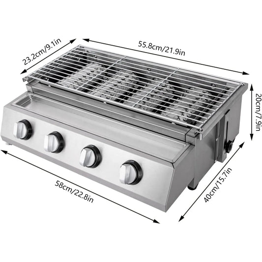 Four Burner Stainless Steel Portable Tabletop Propane Grill Smokeless