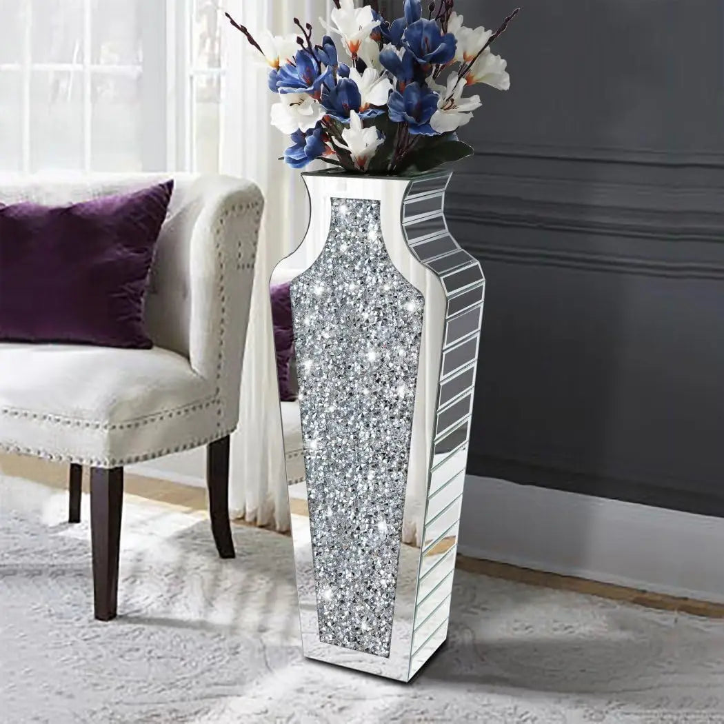 Crushed Diamond Mirrored Floor Vase Glass For Pampas Grass