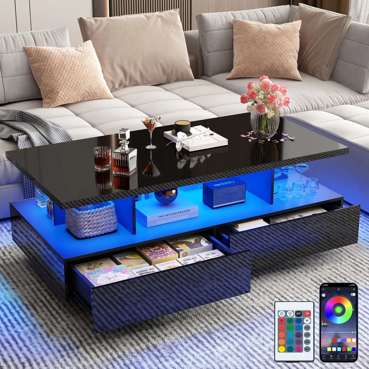 QiaoShiRen Modern LED Coffee Table With Two Storage Drawers
