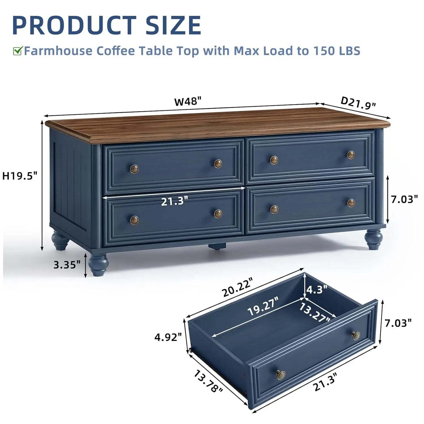 HUANZHUANG Farmhouse Coffee Table With Hidden Storage And 4 Drawers Solid Wood