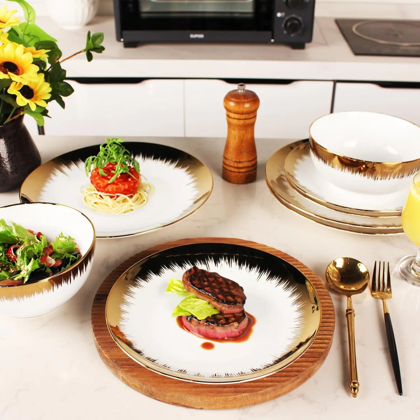 Dinnerware Sets(12Pcs) Serves for 4, Modern Dinnerware, Gilded Edge Plates and Bowls Set with 8.3"Small Plate 10.2"dinne