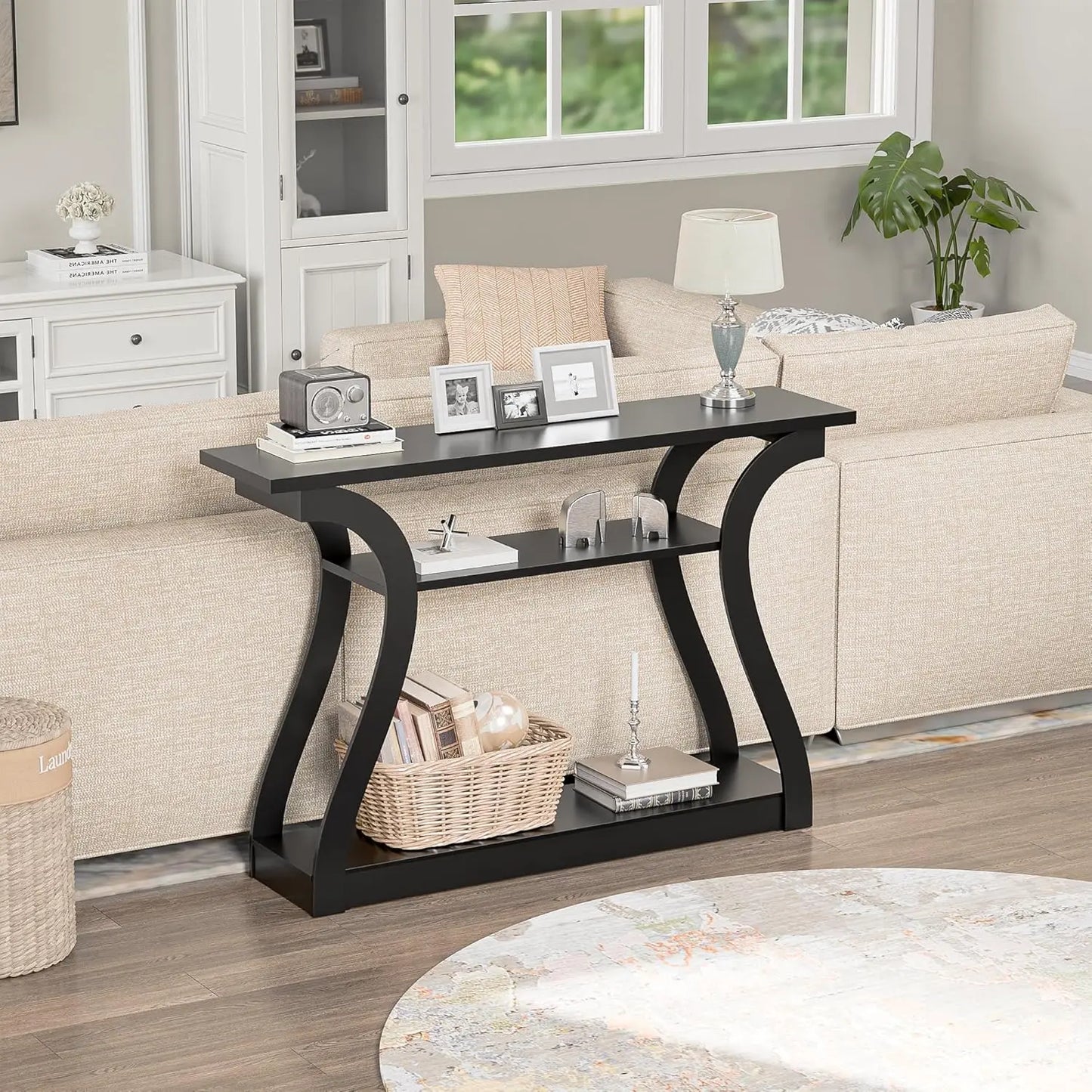 Wood Console Table With Three-Tier Storage Shelves