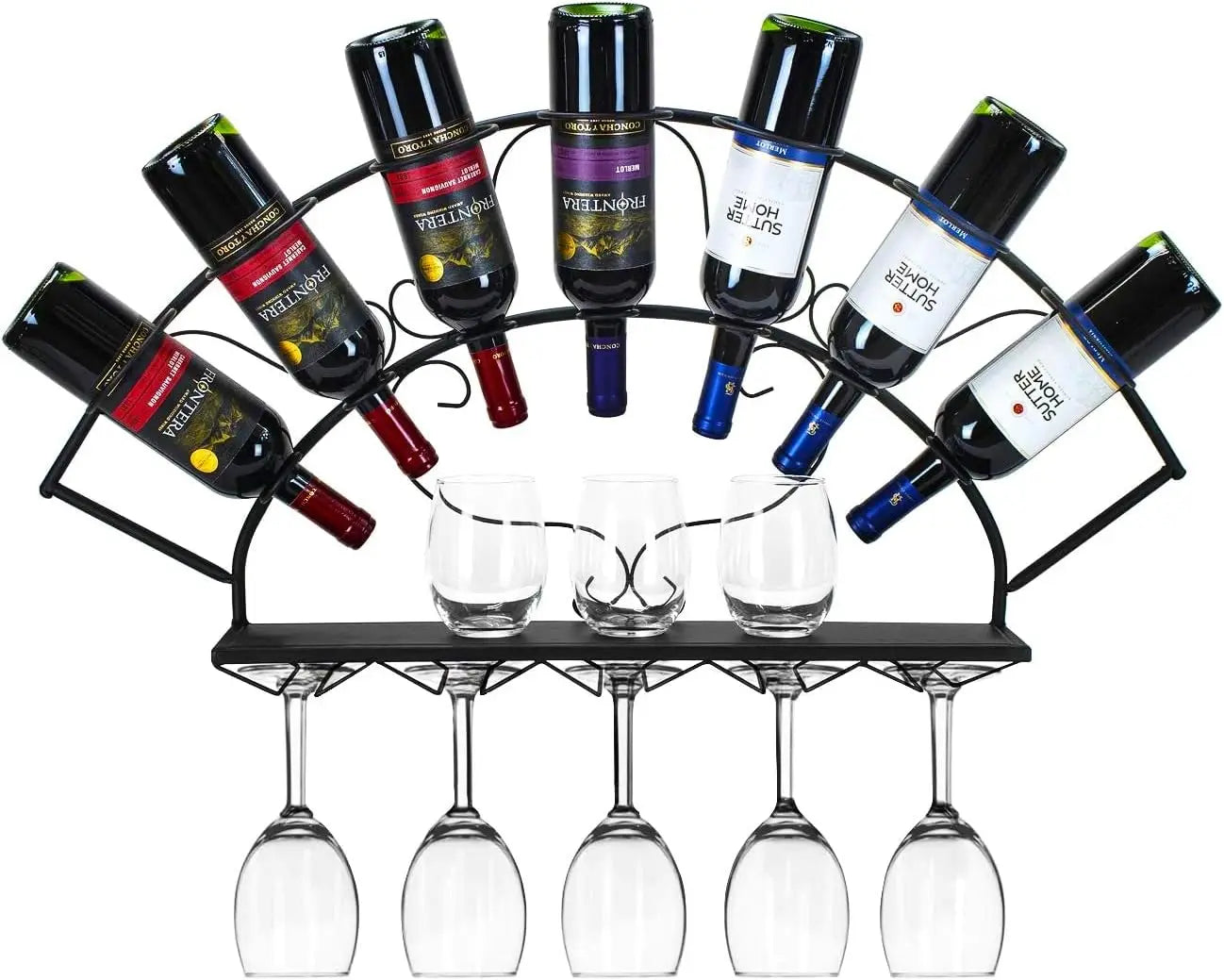 Wall Mounted Wine Bottle and Glass Rack Holds 7 Bottles and 5 Glasses