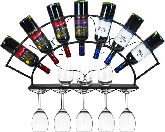 Wall Mounted Wine Bottle and Glass Rack Holds 7 Bottles and 5 Glasses