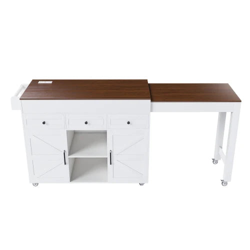 74.8" Kitchen Island with Extendable Dining Table & Power Outlet - Rolling Storage Cart on Wheels with 3 Drawers