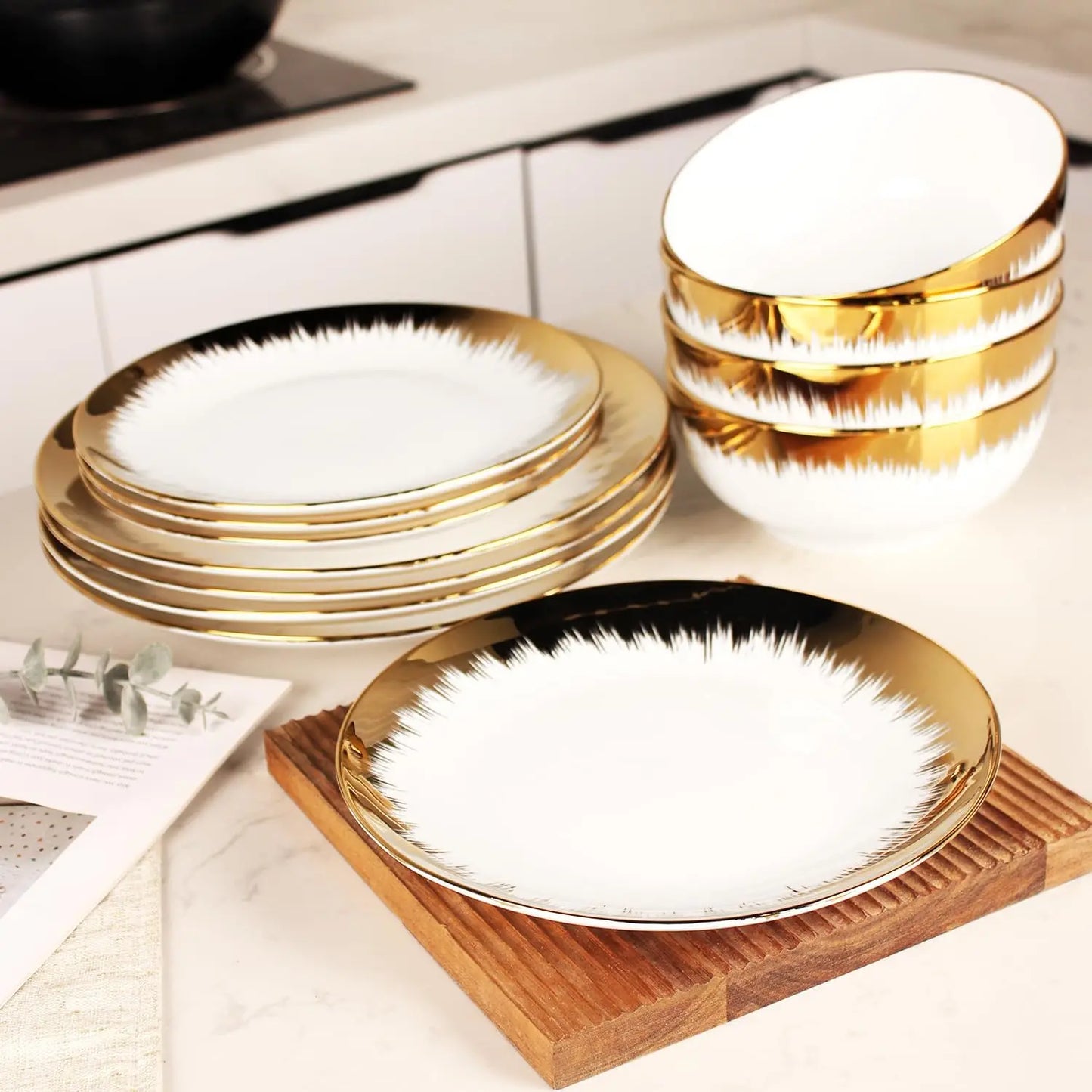 Dinnerware Sets(12Pcs) Serves for 4, Modern Dinnerware, Gilded Edge Plates and Bowls Set with 8.3"Small Plate 10.2"dinne