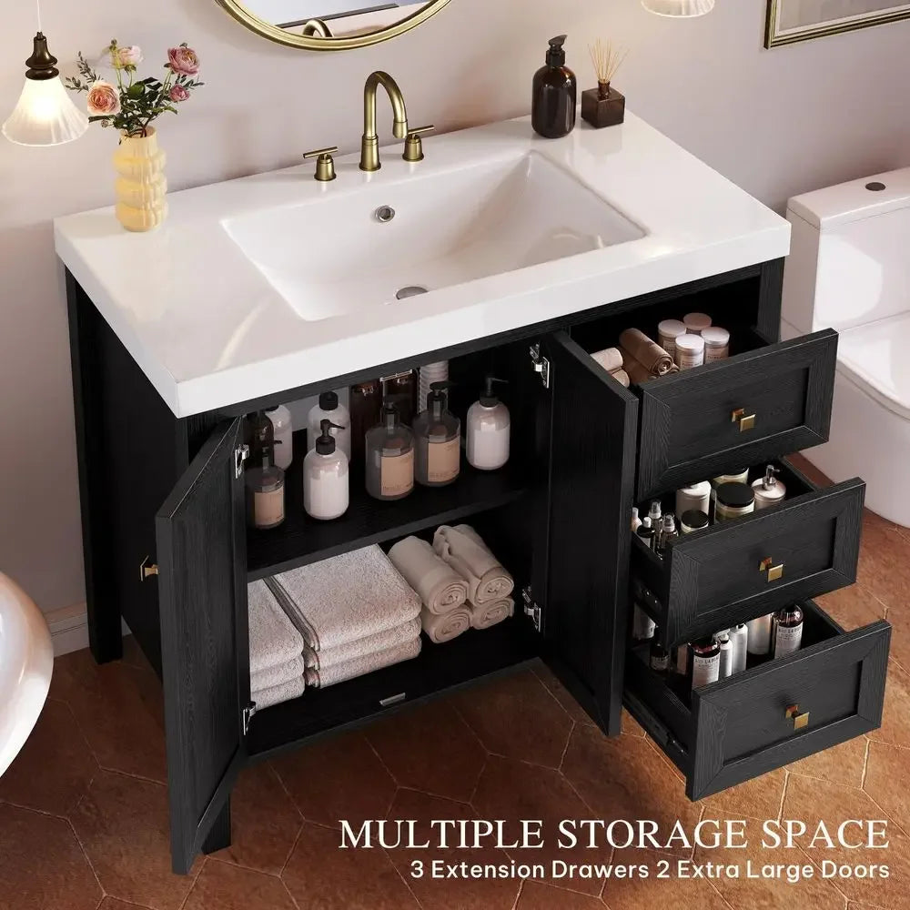 42 Inch Bathroom Vanity with Sink, Modern Bathroom Storage Cabinet with Resin Basin, Three Holes, 2 Doors amp 3 Drawers