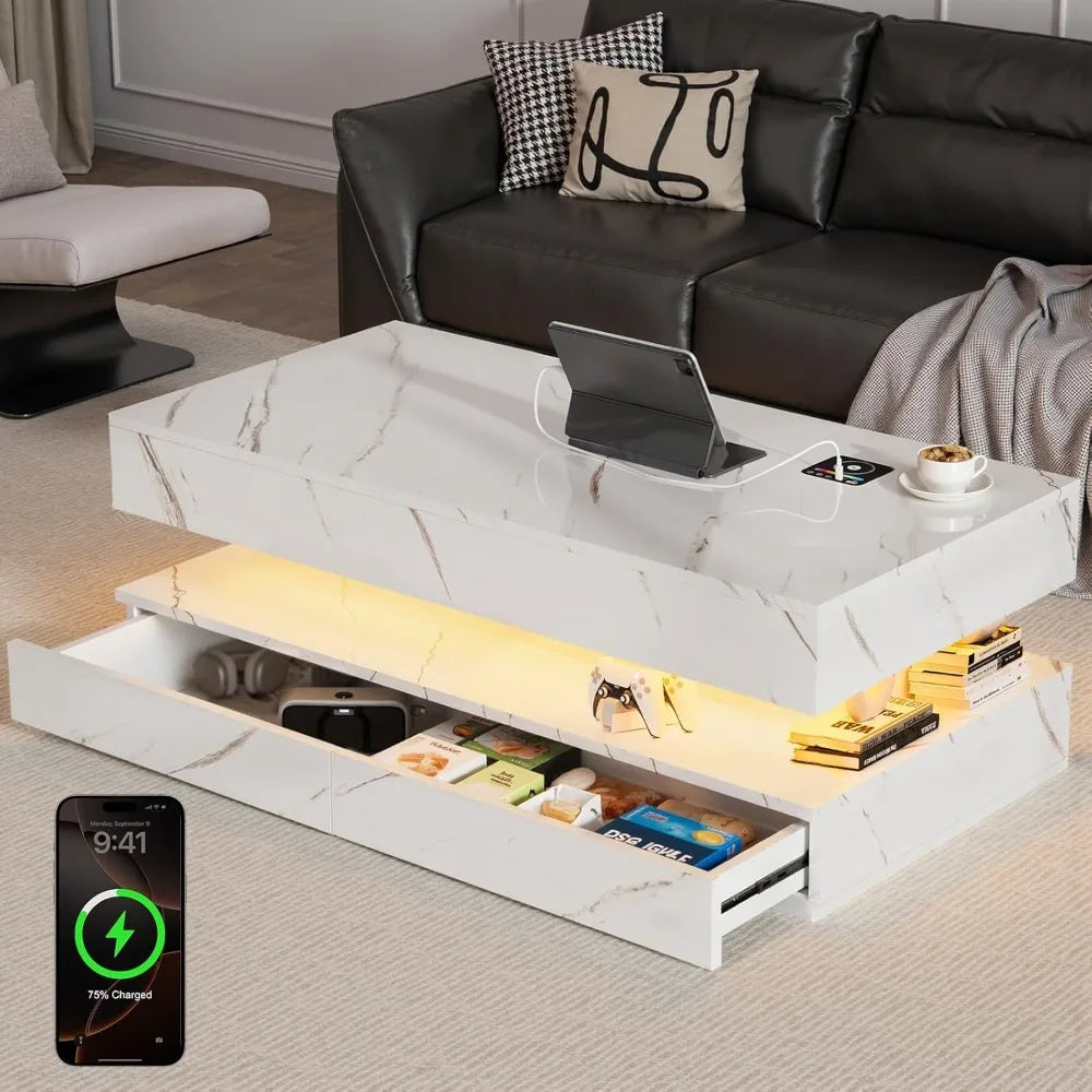 Modern Coffee Table With Wireless Charging, Bluetooth Speaker, Storage Drawers