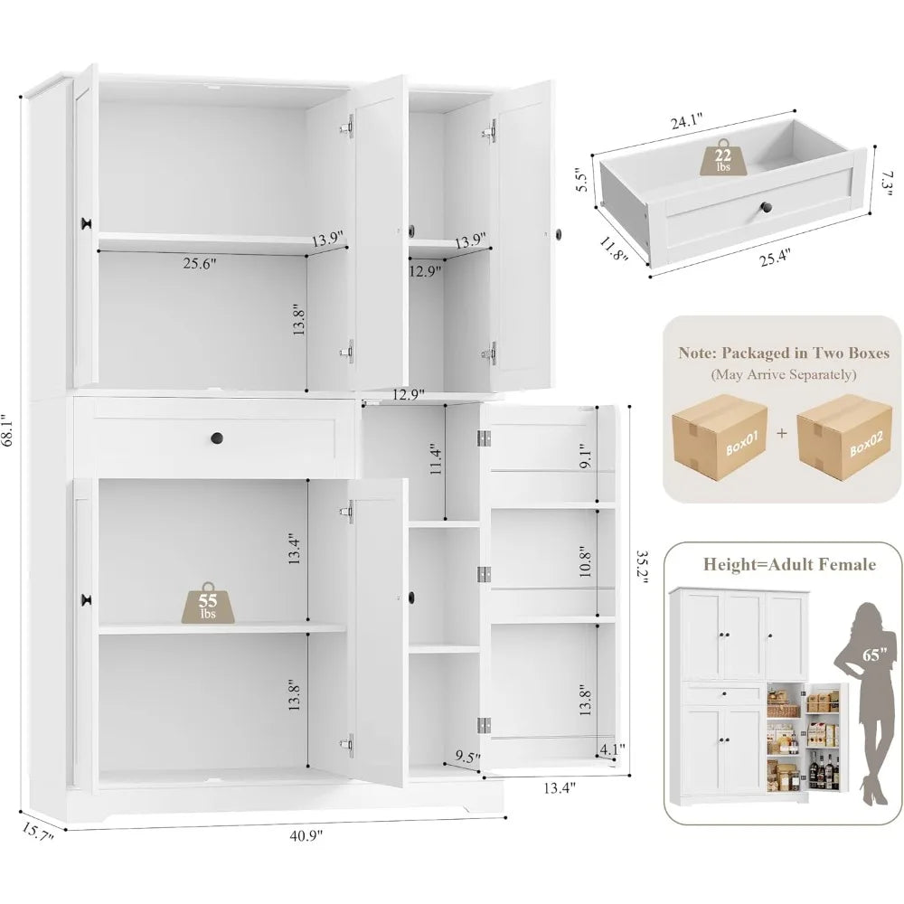 HOSTACK 68" Tall Kitchen Pantry Cabinet,Modern Hutch with Doors Shelves & Large Drawer,Food Storage for Dining Living Room,White