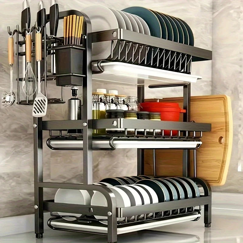 Three-Tier Dish Rack Space-Saving Kitchen Countertop Utensil Holder Tableware