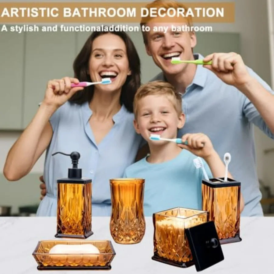 Glass 5 Piece Bathroom Accessories Set Dispenser Toothbrush Holder
