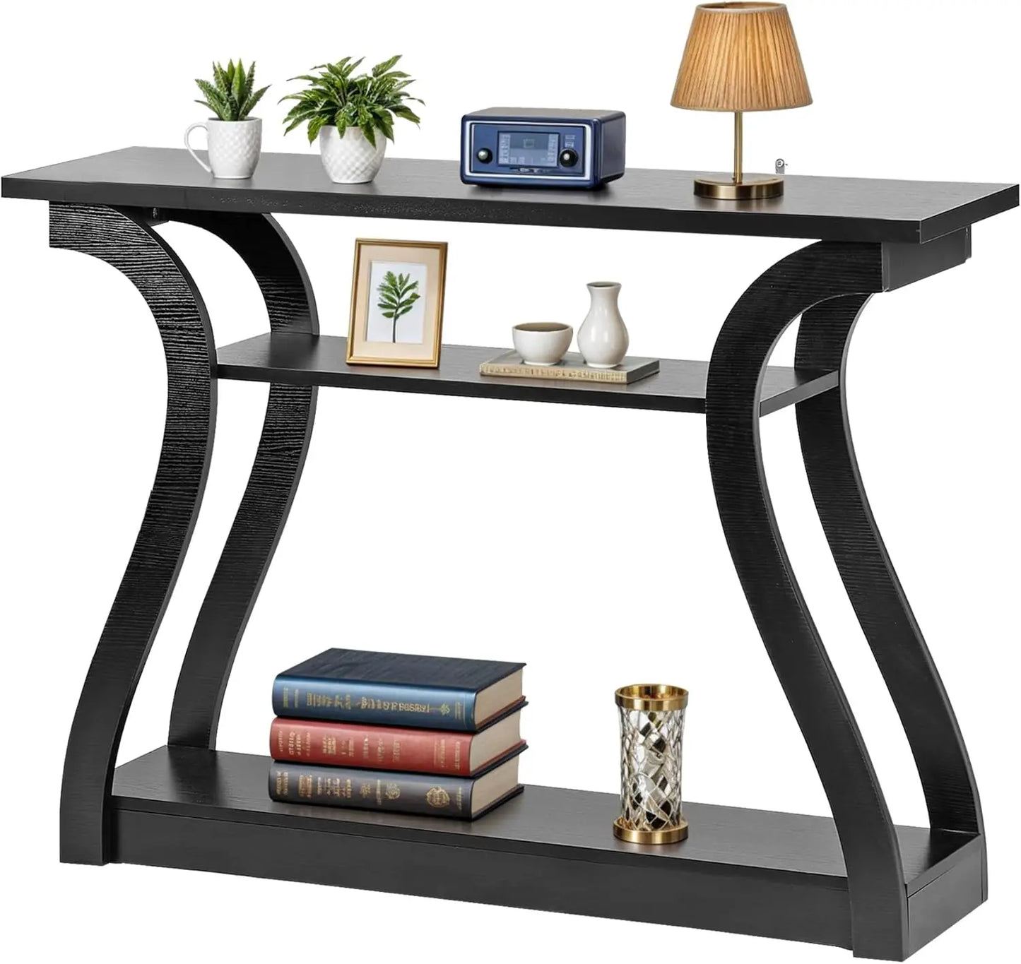 Wood Console Table With Three-Tier Storage Shelves
