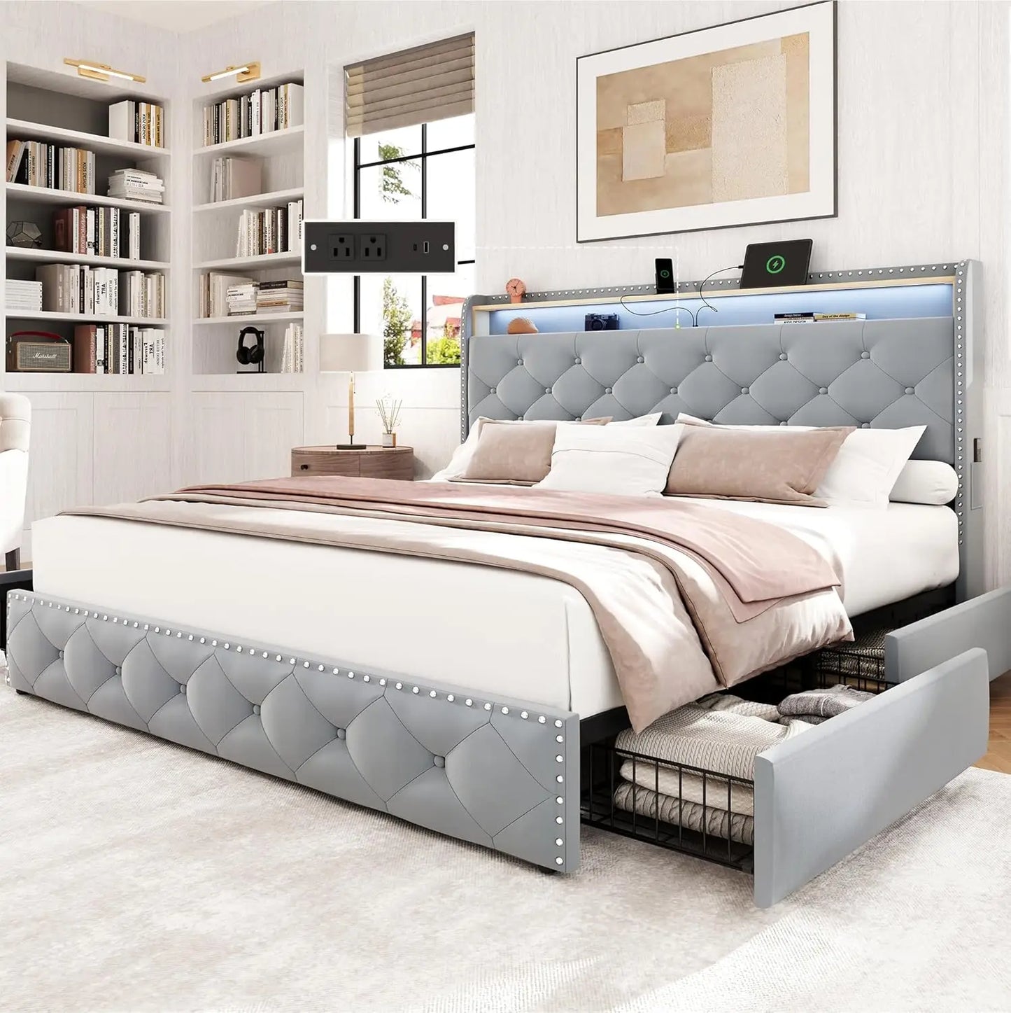 Platform Upholstered Tufted Bed Frame With 4 Storage Drawers And USB
