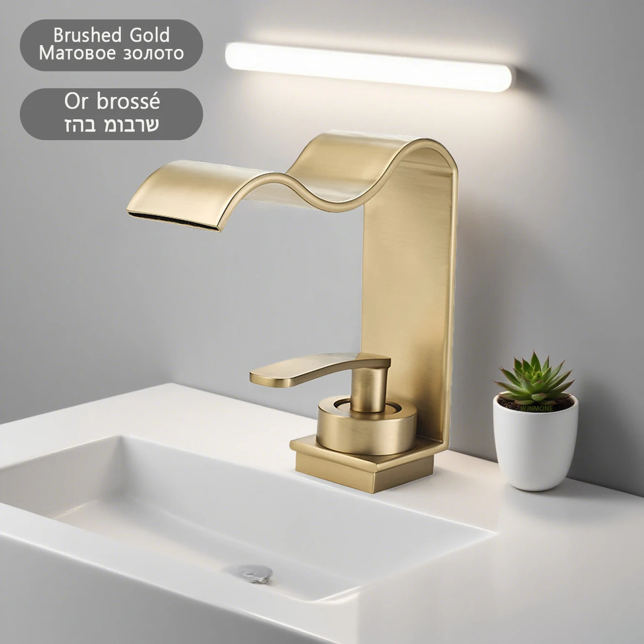 WJNMONE Deck Mounted Bathroom Faucet Hot Cold Waterfall Brass Mixer