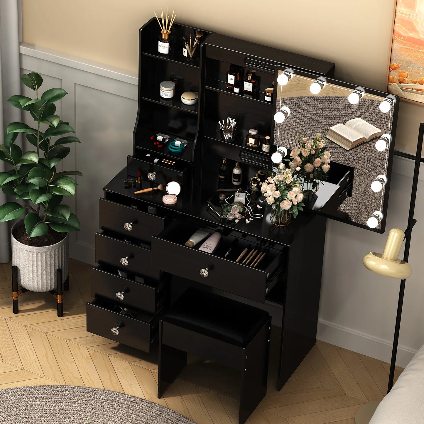 Yamissi Dressing Table Makeup Desk With Stool And LED Mirror