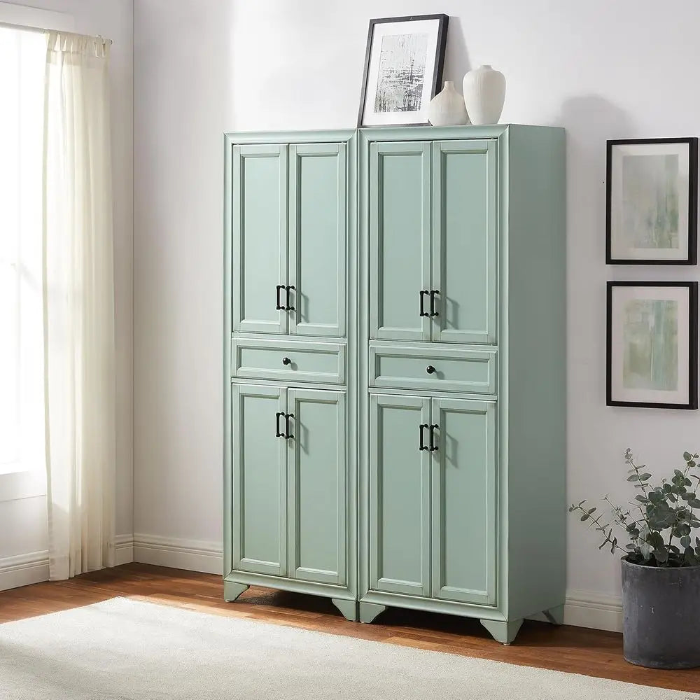 Tara 2-Piece Pantry Storage Cabinet Set with Shelves, Kitchen, Dining, or Laundry Room, Distred Seaoam Blue