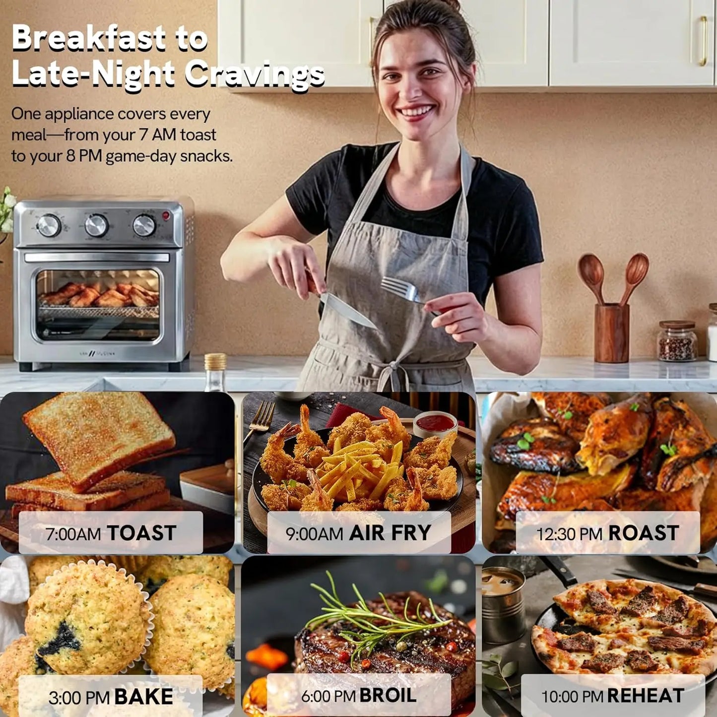 Six-In-One Air Fryer Toaster Oven Combo for Pizza and Toast