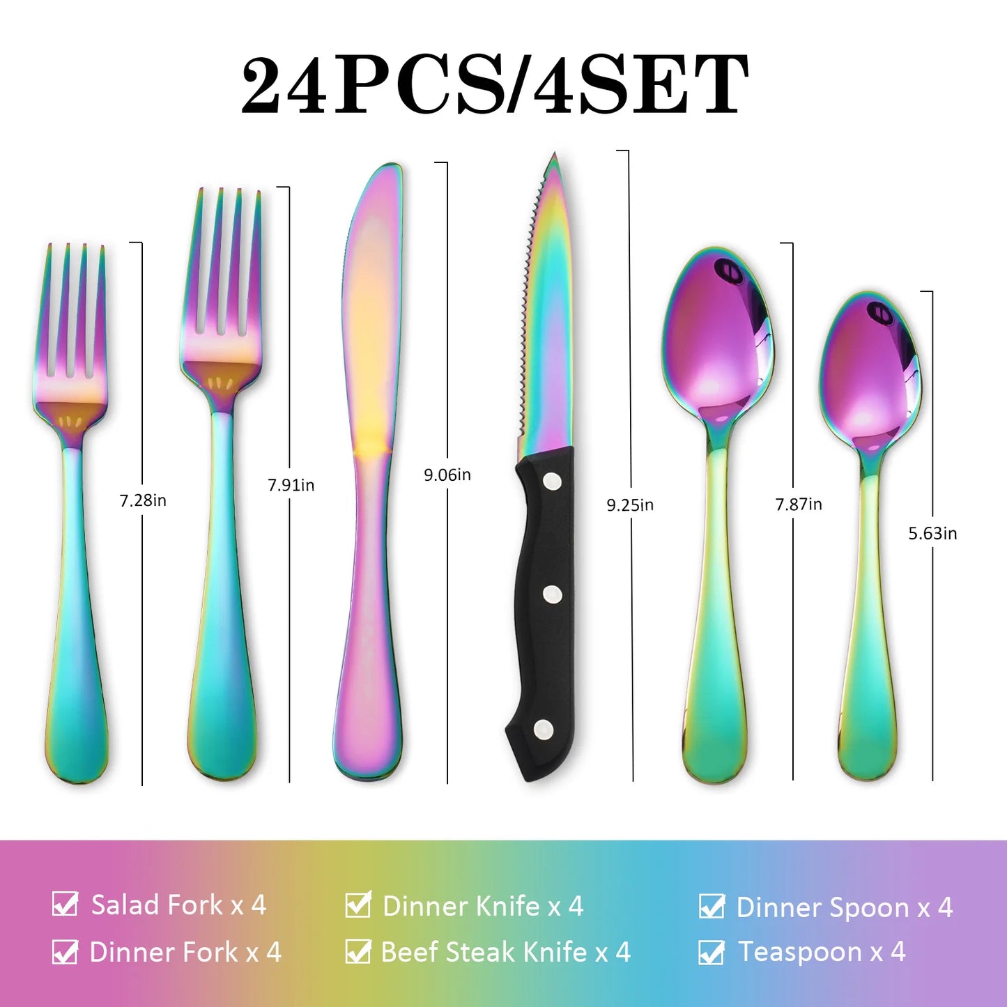 KOOMADE 24Pcs Rainbow Iridescent Titanium Plated Stainless Steel Flatware Set Service for 4, Silverware With Steak Knives Forks Spoons Dishwasher Safe for Home Wedding Gift