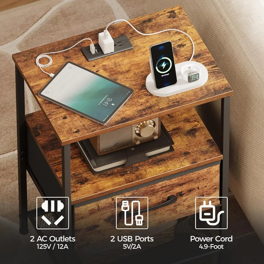 Night Stand Set Two End Tables With Charging Station